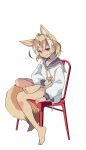  1girl :p alternate_costume animal_ears bare_legs barefoot blonde_hair casual chair extra_ears eyebrows_visible_through_hair fennec_(kemono_friends) fox_ears fox_girl fox_tail highres kemono_friends long_sleeves looking_at_viewer nanana_(nanana_iz) sailor_collar short_hair sitting solo sweater tail tongue tongue_out white_sweater yellow_eyes 