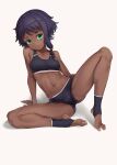  1girl absurdres alice_gear_aegis aomoro arm_support bangs bare_legs bare_shoulders barefoot black_shorts blush breasts closed_mouth collarbone commentary dark-skinned_female dark_skin eyebrows_visible_through_hair feet full_body green_eyes highres looking_at_viewer medium_breasts navel open_clothes shanti_rana short_hair_with_long_locks shorts simple_background sitting solo sports_bra spread_toes stomach toenails toes white_background 