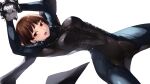  1girl arms_up blue_bodysuit blush bodysuit breasts brown_hair cait_aron commentary gloves highres large_breasts long_sleeves looking_at_viewer niijima_makoto open_mouth persona persona_5 red_eyes short_hair simple_background solo white_background white_gloves 