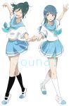  2girls :d absurdres arm_up bangs black_hair black_legwear blue_hair blue_neckwear blue_sailor_collar blue_skirt blush closed_eyes hibike!_euphonium highres holding_hands kasaki_nozomi kitauji_high_school_uniform kneehighs liz_to_aoi_tori long_hair looking_at_another looking_to_the_side multiple_girls neckerchief oone0206 open_mouth outstretched_arm pleated_skirt ponytail red_eyes sailor_collar school_uniform serafuku shirt shoes short_sleeves simple_background skirt smile socks standing uwabaki white_background white_footwear white_legwear white_shirt yoroizuka_mizore 