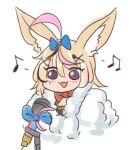  1girl :3 :d ahoge animal_ears blonde_hair blue_bow bow bowtie chibi facial_mark fox_ears hair_bow hair_ornament hairclip hololive looking_at_viewer microphone musical_note omaru_polka open_mouth purple_eyes red_neckwear simple_background smile solo upper_body white_background wool_(miwol) x_hair_ornament 