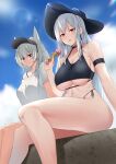  2girls animal_ears arknights arm_strap bangs bare_legs bare_shoulders bikini black_bikini black_headwear black_ribbon blue_sky blush breasts chinese_commentary closed_mouth cloud collarbone commentary_request day earrings extra_ears eyebrows_visible_through_hair feet_out_of_frame food grani_(arknights) high_ponytail highres holding holding_food horse_ears ice_cream_cone jewelry large_breasts lens_flare long_hair multiple_girls navel off_shoulder open_mouth outdoors ponytail purple_eyes red_eyes revision ribbon side-tie_bikini silver_hair single_bare_shoulder skadi_(arknights) sky smile sunlight swimsuit thighs underboob very_long_hair visor_cap xperiajoker 