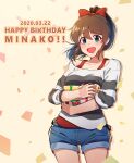 1girl :d bangs blue_eyes blue_shorts bow brown_hair character_name dated denim denim_shorts english_text eyebrows_visible_through_hair gift grey_shirt hair_bow happy_birthday holding holding_gift idolmaster idolmaster_million_live! kamille_(vcx68) layered_clothing long_sleeves looking_at_viewer medium_hair open_mouth ponytail red_bow red_shirt satake_minako shirt short_shorts shorts smile solo standing striped striped_shirt tank_top 