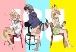  3girls :q alternate_costume animal_ears ass bare_arms bare_legs bare_shoulders barefoot black_hair blonde_hair blue_hoodie brown_hair casual cat_ears cat_girl cat_tail chair common_raccoon_(kemono_friends) dated drawstring dress extra_ears eyebrows_visible_through_hair fang fennec_(kemono_friends) finger_to_mouth flat_ass fox_ears fox_girl fox_tail frills full_body green_dress grey_eyes grey_hair hair_between_eyes hand_up highres hood hood_down hoodie kemono_friends long_sleeves looking_at_viewer multicolored_hair multiple_girls nanana_(nanana_iz) no_pants open_mouth orange_hair raccoon_ears raccoon_girl raccoon_tail sailor_collar serval_(kemono_friends) shirt short_dress short_hair sidelocks sitting sleeveless sleeveless_dress smile soles standing standing_on_one_leg striped striped_dress striped_tail tail toes tongue tongue_out two-tone_hair white_hair yellow_eyes 