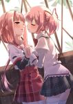  2girls asukaru_(magika_ru) blush closed_eyes drill_hair highres hug kamihama_university_affiliated_school_uniform kaname_madoka kneehighs long_hair magia_record:_mahou_shoujo_madoka_magica_gaiden mahou_shoujo_madoka_magica md5_mismatch mitakihara_school_uniform multiple_girls pink_eyes pink_hair pink_skirt red_ribbon ribbon school_uniform short_hair short_twintails skirt smile spoilers tamaki_iroha thighhighs twin_drills twintails white_legwear yuri zettai_ryouiki 