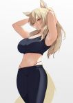  1girl animal_ear_fluff animal_ears arknights armpits arms_behind_head arms_up bangs blonde_hair blue_pants breasts cleavage commentary_request cowboy_shot crop_top gradient gradient_background grey_background hair_between_eyes highres large_breasts leggings long_hair looking_at_viewer midriff navel nearl_(arknights) pants parted_lips revision solo sports_bra standing stomach sweat tail thighs xperiajoker yellow_eyes 