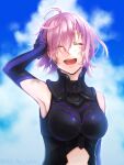  1girl :d ^_^ absurdres arm_up armpits black_gloves blue_sky blurry blurry_background breasts breasts_apart bruise bruise_on_face closed_eyes clothing_cutout cloud elbow_gloves facing_viewer fate/grand_order fate_(series) gloves hand_in_hair hand_on_own_head highres injury large_breasts mash_kyrielight no_no_suke open_mouth pink_hair purple_gloves shiny shiny_hair short_hair sky smile solo stomach_cutout two-tone_gloves upper_body 