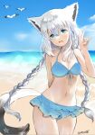  1girl animal animal_ears bangs bare_arms bare_shoulders bikini bird blue_bikini blue_eyes blue_nails blue_sky braid breasts cleavage cloud commentary_request day eyebrows_visible_through_hair fox_ears fox_girl fox_shadow_puppet fox_tail front-tie_bikini front-tie_top hair_between_eyes hand_up head_tilt hololive horizon long_hair looking_at_viewer low_twintails lunacats nail_polish navel ocean outdoors seagull shirakami_fubuki sky small_breasts solo swimsuit tail twin_braids twintails twitter_username very_long_hair virtual_youtuber water white_hair 