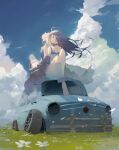  2girls ahoge alchemy_stars bandaged_leg bandages bangs black_hair car collar colored_inner_hair dawn_(alchemy_stars) day dress eve_(alchemy_stars) grey_hair ground_vehicle high_collar highres long_hair looking_to_the_side mechanical_arms motor_vehicle multicolored_hair multiple_girls natsumoka outdoors single_mechanical_arm sitting thighhighs wind 