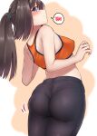  1girl absurdres akizuki_(kancolle) ass black_hair black_pants blush breasts closed_mouth cowboy_shot eyebrows_visible_through_hair from_behind highres kantai_collection kiritto long_hair looking_at_viewer looking_back medium_breasts motion_lines orange_tank_top pants ponytail purple_eyes solo spoken_blush tank_top yoga_pants 