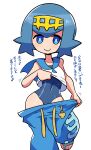  1girl :&gt; absurdres bare_arms bare_shoulders blue_eyes blue_hair blue_pants blue_sailor_collar blue_swimsuit blush bright_pupils closed_mouth clothes_pull contrapposto hairband highres lana_(pokemon) lifted_by_self looking_at_viewer medium_hair one-piece_swimsuit pants pants_pull pokemon pokemon_(game) pokemon_sm pulled_by_self rariatto_(ganguri) sailor_collar sandals school_uniform serafuku shirt simple_background smile solo standing standing_on_one_leg swimsuit swimsuit_under_clothes translation_request undressing white_background white_pupils white_shirt 