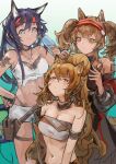  3girls absurdres adjusting_another&#039;s_hair angelina_(arknights) animal_ears arknights arm_strap bandeau belt belt_pouch bikini black_hair blaze_(arknights) blue_background blue_eyes breasts brown_hair cat_ears cat_girl cat_tail ceobe_(arknights) ceobe_(summer_flowers)_(arknights) cleavage closed_mouth commentary_request detached_collar dog_ears food fox_ears gradient gradient_background hair_bun hairband hand_on_hip hand_up headband highleg highleg_bikini highres holding holding_food jacket jewelry jumbowhopper long_hair multiple_girls necklace off_shoulder official_alternate_costume orange_hair popsicle pouch red_eyes red_hairband red_headband shorts smile striped striped_hairband sweat swimsuit tail thigh_strap twintails white_background white_bikini white_shorts 