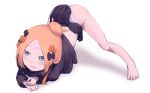  1girl abigail_williams_(fate) arm_rest ass bandaid bandaid_on_forehead bangs barefoot black_bow black_jacket black_skirt blonde_hair blue_eyes bow breasts crossed_bandaids daisi_gi fate/grand_order fate_(series) feet flexible forehead guilty_gear guilty_gear_strive hair_bow hair_bun hands_on_ground heroic_spirit_traveling_outfit high_collar highres jack-o&#039;_challenge jacket legs long_hair long_sleeves looking_to_the_side meme multiple_bows open_mouth orange_belt orange_bow panties parted_bangs polka_dot polka_dot_bow pose skirt sleeves_past_fingers sleeves_past_wrists small_breasts solo spread_legs stretch toes top-down_bottom-up underwear white_panties wide_spread_legs 