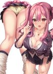  1girl :d alternate_costume arm_support azur_lane bent_over breasts bremerton_(azur_lane) cleavage collarbone commentary_request contemporary fukuda_shuushi highres index_finger_raised jewelry kneehighs long_hair long_sleeves looking_at_viewer multicolored_hair necklace open_mouth panties pink_eyes pink_hair pleated_skirt school_uniform skirt smile solo streaked_hair twintails underwear white_background white_legwear 