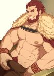  1boy abs absurdres bara bare_pectorals beard brown_pants bulge cape crotch_grab erection erection_under_clothes facial_hair fate/zero fate_(series) fur-trimmed_cape fur_trim grin highres iskandar_(fate) large_pectorals leather looking_at_viewer male_focus mature_male muscular muscular_male navel navel_hair nipples pants pectorals red_eyes red_hair ryker self_fondle short_hair sitting smile solo stomach 