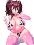  1girl absurdres animal_ears animal_print bangs bare_shoulders bell bikini blush breasts bridal_gauntlets brown_hair cleavage collar collarbone cow_ears cow_horns cow_print detached_sleeves fake_animal_ears fake_horns green_eyes hairband heart highres horns kneeling large_breasts looking_at_viewer medium_hair navel neck_bell onsoku_inu original pink_legwear simple_background skindentation smile solo swimsuit thighhighs thighs two_side_up white_background white_bikini 
