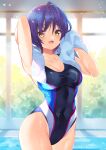 1girl ahoge arm_behind_head arm_up armpits bare_arms bare_shoulders black_swimsuit breasts bucchake_(asami) collarbone commentary_request commission competition_swimsuit cowboy_shot hand_up looking_at_viewer medium_breasts one-piece_swimsuit open_mouth original pixiv_request purple_hair short_hair smile solo standing swimsuit towel towel_around_neck wet yellow_eyes 