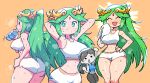  2girls ^_^ ^o^ absurdres alternate_costume ass black_eyes blue_tank_top blush_stickers bottle breasts clenched_hand closed_eyes determined fist_pump forehead_jewel green_eyes gym_uniform hand_on_hip highres kid_icarus large_breasts long_hair motivator multiple_girls multiple_views narrow_waist palutena pants rariatto_(ganguri) shirt shorts steam steaming_body super_smash_bros. sweat sweatdrop tank_top towel water water_bottle white_shirt white_shorts wide_hips wii_fit wii_fit_trainer wii_fit_trainer_(female) yoga_pants 
