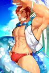  1boy abs akashi_(live_a_hero) armpits bara bare_pectorals beach biceps bulge day facial_hair feet_out_of_frame goatee goggles goggles_around_neck gradient_hair grin highres hood hooded_jacket innertube jacket large_pectorals live_a_hero long_sideburns looking_at_viewer male_focus male_swimwear mature_male multicolored_hair muscular muscular_male navel nipples official_alternate_costume pectorals red_eyes red_hair red_male_swimwear sekiko_(akatora3373a) short_hair sideburns sleeveless sleeveless_jacket smile solo stomach summer sunlight swim_briefs thick_eyebrows thick_thighs thighs unconventional_male_swimwear water wet white_male_swimwear 