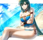  1girl alternate_costume alternate_hairstyle armlet bangs beach bikini blue_bikini blue_sky blue_swimsuit breasts cleavage closed_mouth cloud commentary_request crossed_arms crossed_legs day delsaber eyebrows_visible_through_hair fingernails fire_emblem fire_emblem:_the_blazing_blade fire_emblem_heroes flower frilled_bikini frills green_eyes green_hair hair_between_eyes hair_down hair_flower hair_ornament jewelry lips long_hair looking_at_viewer lyn_(fire_emblem) medium_breasts navel necklace ocean official_alternate_costume pink_lips sand sitting sky smile solo sunlight swimsuit very_long_hair water white_flower yellow_flower 