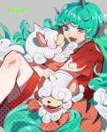  1girl animal_ears bangs commentary_request curly_hair fang feet_out_of_frame fuuga_(perv_rsity) green_eyes green_hair grey_background heart highres hisuian_form hisuian_growlithe horns kariyushi_shirt komano_aunn long_hair open_mouth paw_print pokemon red_shirt shirt short_sleeves shorts single_horn skin_fang smile solo touhou trait_connection white_shorts 