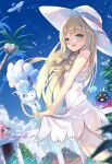  1girl alolan_exeggutor alolan_form alolan_vulpix altaria bewear blonde_hair blue_sky braid cloud commentary_request cosmog day dress flower gen_1_pokemon gen_3_pokemon gen_7_pokemon green_eyes hat hinot legendary_pokemon lillie_(pokemon) long_hair parted_lips pokemon pokemon_(anime) pokemon_(creature) pokemon_sm_(anime) red_flower ribombee see-through see-through_silhouette side_braid sky sleeveless sleeveless_dress standing sun_hat twin_braids white_dress white_headwear 