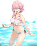  1girl alternate_costume bikini black-framed_eyewear breasts collarbone commentary_request fate/grand_order fate_(series) ginka_sima glasses hair_over_one_eye highres in_water light_purple_hair looking_at_viewer mash_kyrielight medium_breasts multicolored multicolored_bikini multicolored_clothes multicolored_swimsuit navel official_alternate_costume one_eye_covered open_mouth purple_eyes see-through short_hair smile solo striped striped_bikini swimsuit swimsuit_of_perpetual_summer_ver.02 water wet 