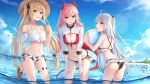  3girls ahoge ass beach bikini black_bikini blonde_hair blue_eyes breasts cleavage dangmyo day frilled_bikini frills front-tie_bikini front-tie_top hair_ribbon halterneck hands_on_own_thighs hat heterochromia highres horns leaning_forward long_hair long_sleeves looking_at_viewer medium_breasts mismatched_bikini multicolored_hair multiple_girls navel ocean one_side_up open_mouth orange_eyes outdoors pink_hair red_bikini red_eyes ribbon shrug_(clothing) side-tie_bikini slippers small_breasts smile stomach straw_hat streaked_hair string_bikini sunlight swimsuit tail thigh_strap tinsgoo_project twintails very_long_hair virtual_youtuber wading water white_bikini white_hair yellow_eyes 