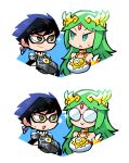  &gt;:) 2girls :&lt; :d bayonetta bayonetta_(series) bayonetta_2 bespectacled black-framed_eyewear black_hair blush_stickers closed_mouth crown earrings eye_contact forehead_jewel glasses green_eyes green_hair halftone highres jewelry kid_icarus long_hair looking_at_another lying mole mole_under_mouth multiple_girls on_back open_mouth palutena rariatto_(ganguri) round_eyewear short_hair smile super_smash_bros. sweat v-shaped_eyebrows 
