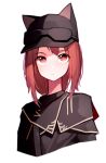  1girl absurdres animal_ear_headwear arknights ash_(rainbow_six_siege) ash_(rangers)_(rainbow_six_siege) beudelb black_capelet black_headwear black_jacket capelet closed_mouth commentary_request expressionless eyebrows_visible_through_hair goggles goggles_on_headwear highres jacket korean_commentary long_hair looking_at_viewer official_alternate_costume rainbow_six_siege red_eyes red_hair simple_background solo upper_body white_background 
