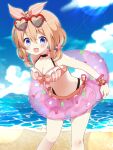  1girl :d bangs bare_shoulders beach bikini blue_eyes blue_sky blush breasts brown_bikini brown_hair cleavage cloud commentary_request day eyebrows_visible_through_hair eyewear_on_head feet_out_of_frame gochuumon_wa_usagi_desu_ka? hair_between_eyes heart heart-shaped_eyewear highres hoto_cocoa innertube layered_bikini leaning_forward long_hair low_twintails massala medium_breasts ocean open_mouth outdoors red-framed_eyewear sand sky smile solo standing striped sunglasses swimsuit transparent twintails vertical-striped_bikini vertical_stripes water 