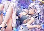  1girl absurdres animal_ears azur_lane bangs blue_eyes breasts bug butterfly choker cleavage commentary_request dress eyebrows_visible_through_hair finger_to_mouth fox_ears fox_girl fox_tail grey_dress hair_between_eyes hair_ornament highres insect kyuubi long_hair looking_at_viewer makihige multiple_tails official_alternate_costume parted_lips shinano_(azur_lane) shinano_(light_of_the_hazy_moon)_(azur_lane) sidelocks silver_hair solo tail twitter_username 