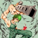  clenched_teeth cup drinking_straw fighting_stance finger_gun foo_fighters green_background green_hair green_lips green_overalls highres holding holding_cup jojo_no_kimyou_na_bouken keeeey orange_eyes outstretched_arm overalls short_hair simple_background smile stone_ocean teeth water weapon 