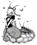  1girl absurdres antennae bangs blue_eyes bow bowtie bug butterfly caterpillar caterpillar_girl english_commentary eyebrows_visible_through_hair full_body gin_ichimaru72 greyscale hair_over_one_eye hair_ribbon highres insect looking_at_viewer medicine_melancholy monochrome monster_girl ribbon short_hair short_sleeves signature simple_background solo touhou v_arms 