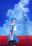  1girl absurdres ayanami_rei blouse blue_hair blue_sky cloud highres looking_to_the_side lunchbox neon_genesis_evangelion power_lines red_eyes red_neckwear ribbon school_uniform short_hair sky smile tokyo-3_middle_school_uniform_(evangelion) user_kekf7257 utility_pole white_blouse 