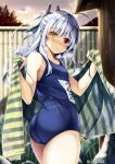  1girl ass bangs blush breasts cowboy_shot eyebrows_visible_through_hair from_side grey_hair heterochromia highres kai_yuuki long_hair looking_at_viewer original outdoors school_swimsuit small_breasts solo swimsuit towel 