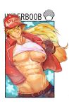  1boy abs bara bare_pectorals bare_shoulders baseball_cap blonde_hair clothes_lift commentary cropped_shirt denim english_commentary english_text fatal_fury hat highres jeans large_pectorals long_hair male_focus meme muscular muscular_male navel nipples pants pectorals robokeh shirt shirt_cut_meme shirt_lift sleeveless solo stomach terry_bogard the_king_of_fighters upper_body white_shirt 