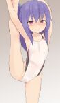  1girl :/ armpits blush closed_mouth competition_swimsuit dot_nose flat_chest grey_background hair_between_eyes hands_above_head hands_up highres leg_up long_hair looking_at_viewer one-piece_swimsuit one_side_up original purple_eyes purple_hair solo split standing standing_on_one_leg standing_split sweat swimsuit white_swimsuit yakihebi 