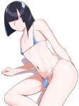  1boy absurdres arm_support bangs bikini black_hair blue_bikini blunt_bangs blush bob_cut bulge eyebrows_visible_through_hair eyes_visible_through_hair hair_over_one_eye highres huge_filesize looking_at_viewer male_focus micro_bikini navel original otoko_no_ko parted_bangs parted_lips reclining ribs sanpai_no_paredo shiny shiny_skin short_hair simple_background solo string_bikini swimsuit 