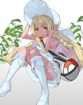  1girl bag bangs blonde_hair blunt_bangs blush braid collared_dress commentary dantahi01 dress duffel_bag eyelashes hands_up hat highres kneehighs knees leaf lillie_(pokemon) long_hair poke_ball_theme pokemon pokemon_(game) pokemon_sm see-through shoes sitting sleeveless sleeveless_dress solo sun_hat sundress twin_braids white_dress white_headwear white_legwear yellow_eyes 