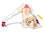  1girl ;d american_flag_bikini arm_support ass back bangs bare_arms bare_shoulders bikini blonde_hair blue_eyes blush breasts butt_crack english_text eyebrows_visible_through_hair flag_print full_body girls_und_panzer grin highres jack-o&#039;_challenge kay_(girls_und_panzer) large_breasts one_eye_closed oosaka_kanagawa open_mouth parted_bangs red_footwear shoes sideboob simple_background skindentation smile sneakers solo spread_legs swimsuit teeth thighhighs top-down_bottom-up v white_background 