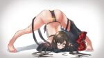  1girl absurdres arm_rest arm_strap ass bare_shoulders black_dress black_gloves blush breasts brown_eyes brown_hair dress earrings elbow_gloves fate/grand_order fate_(series) flexible glasses gloves hands_on_ground highres jack-o&#039;_challenge jewelry long_hair looking_at_viewer medium_breasts meme multiple_earrings pose ribbon-trimmed_dress shibao_aoyama solo spread_legs stretch top-down_bottom-up very_long_hair wide_spread_legs yu_mei-ren_(fate) 