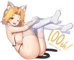  1girl :3 animal_ear_fluff animal_ears ass bikini blonde_hair blush boots breasts cat_ears cat_tail elbow_gloves fang gift_art gloves highres large_breasts meettheton one_eye_closed open_mouth original shiny shiny_skin short_hair simple_background solo sweat swimsuit tail thigh_boots thighhighs twitter_username untied untied_bikini white_background white_bikini white_footwear white_gloves yellow_eyes 