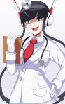  1girl blue_eyes clipboard doctor elesa_(pokemon) formal gloves hand_on_hip headphones highres necktie pokemon pokemon_(game) pokemon_bw simple_background smile solo stethoscope suit twintails vivivoovoo 