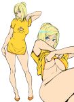  1girl ashiomi_masato blonde_hair blue_eyes breasts china_dress chinese_clothes cleavage cleavage_cutout clothing_cutout dress guilty_gear guilty_gear_xrd hair_bun looking_at_viewer medium_hair millia_rage simple_background solo undressing white_background 