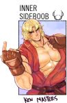  1boy abs bara beckoning blonde_hair blush character_name commentary dougi english_commentary english_text forked_eyebrows highres index_finger_raised ken_masters large_pectorals male_cleavage male_focus meme messy_hair muscular muscular_male nipple_slip nipples pectorals robokeh shirt_cut_meme short_hair smile solo street_fighter street_fighter_ii_(series) thick_eyebrows undressing upper_body 
