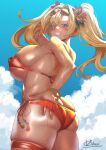 1girl areola_slip areolae ass ass_grab bangs bare_shoulders bikini blonde_hair blue_eyes blue_sky blush bracelet breasts cloud commentary_request cowboy_shot day eyebrows_visible_through_hair eyewear_on_head flower from_behind grabbing_own_ass granblue_fantasy grin hair_between_eyes hair_flower hair_intakes hair_ornament hand_under_clothes hand_under_swimsuit hand_up hibiscus highres jewelry large_breasts long_hair looking_at_viewer obui parted_hair partial_commentary red_bikini side-tie_bikini sideboob sidelocks signature skindentation sky smile solo standing stomach sunglasses sweat swimsuit tan teeth thigh_strap twintails zeta_(granblue_fantasy) 