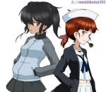 2girls alternate_hairstyle artist_name back-to-back bangs black_coat black_eyes black_hair black_neckwear blouse blue_jacket blue_skirt blunt_bangs bow closed_mouth coat commentary cosplay costume_switch dark-skinned_female dark_skin dixie_cup_hat girls_und_panzer grin hair_bow hair_over_one_eye hair_tie hairstyle_switch hands_in_pockets hat hat_feather jacket kayabakoro keizoku_military_uniform long_coat long_sleeves looking_at_viewer midriff mikko_(girls_und_panzer) military military_hat military_uniform miniskirt mouth_hold multiple_girls navel neckerchief ogin_(girls_und_panzer) ooarai_naval_school_uniform open_clothes open_coat pipe pleated_skirt raglan_sleeves red_bow red_eyes red_hair sailor sailor_collar school_uniform short_hair short_ponytail short_twintails skirt smile stalk_in_mouth standing track_jacket twintails twitter_username uniform white_blouse white_headwear white_skirt 