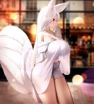  1girl absurdres animal_ear_fluff animal_ears blue_shorts blurry blurry_background breasts cleavage cowboy_shot dress fox_ears fox_girl fox_tail highres huge_breasts long_hair nicorima off-shoulder_dress off_shoulder original red_eyes shirt shorts solo tail white_hair 