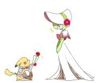  ban_(ban62460424) blue_flower bonnet clothed_pokemon commentary_request flower gardevoir gen_1_pokemon gen_3_pokemon grey_jacket hat hat_flower holding jacket notice_lines pikachu pink_flower pokemon pokemon_(creature) pokemon_(game) pokemon_unite red_flower sparkle standing white_headwear yellow_flower 